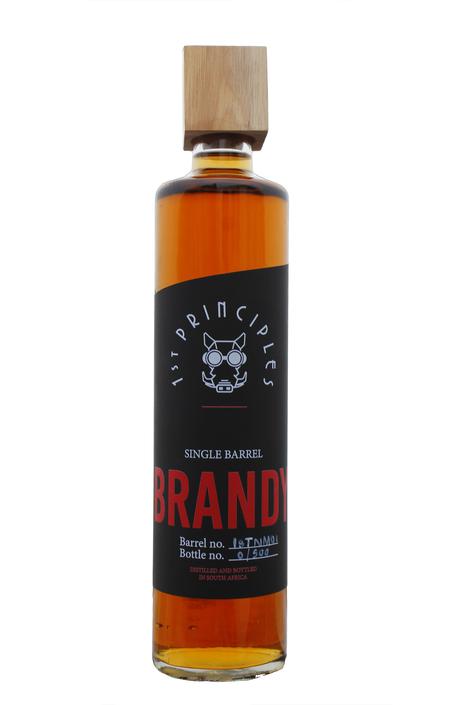 A bottle of 1st Principles Single Barrel Brandy.