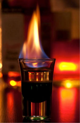 A Flaming Martini Cocktail.