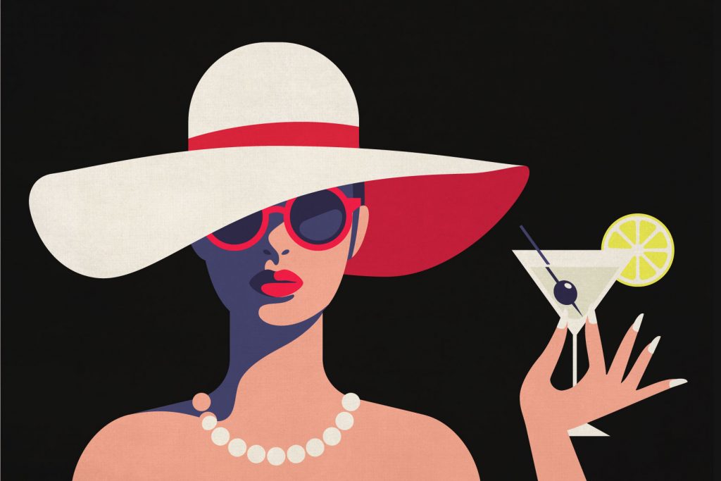 Vector illustration of a women wearing pearls, a sunhat and shades with a Martini Cocktail in hand.