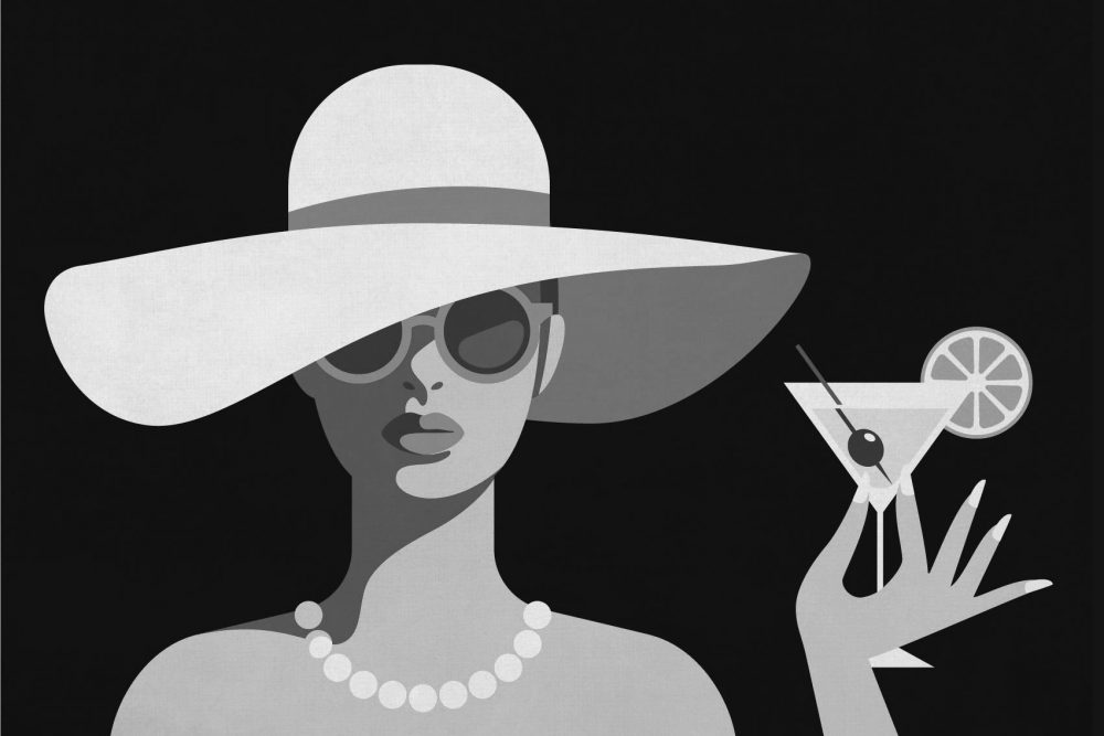 Black-and-white vector illustration of a women wearing pearls, a sunhat and shades with a Martini Cocktail in hand.