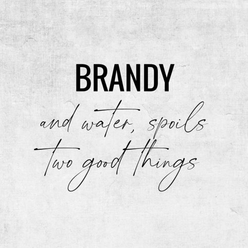 Grainy off-white background with the following written words: Brandy and water, spoils two good things.
